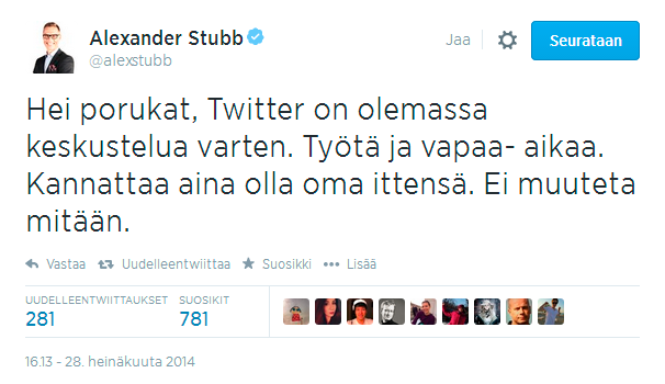 Alexander Stubbin vastaus hänen Twitter-viestejään koskevaan kritiikkiin