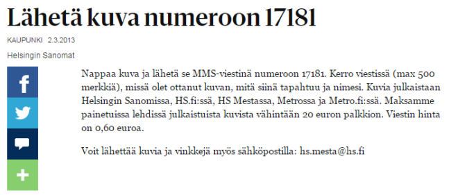 Helsingin Sanomat laittaa tilaajat maksamaan lähettämistään ilmaisista valokuvista (kuvakaappaus 10.11.2015)