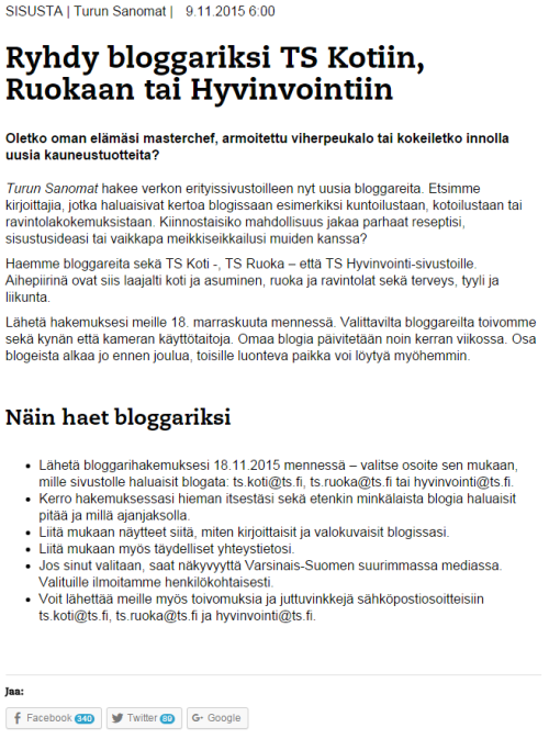 Turun Sanomat hake ilmaisia bloggareita näkyvyyttä vastaan 9.11.2015